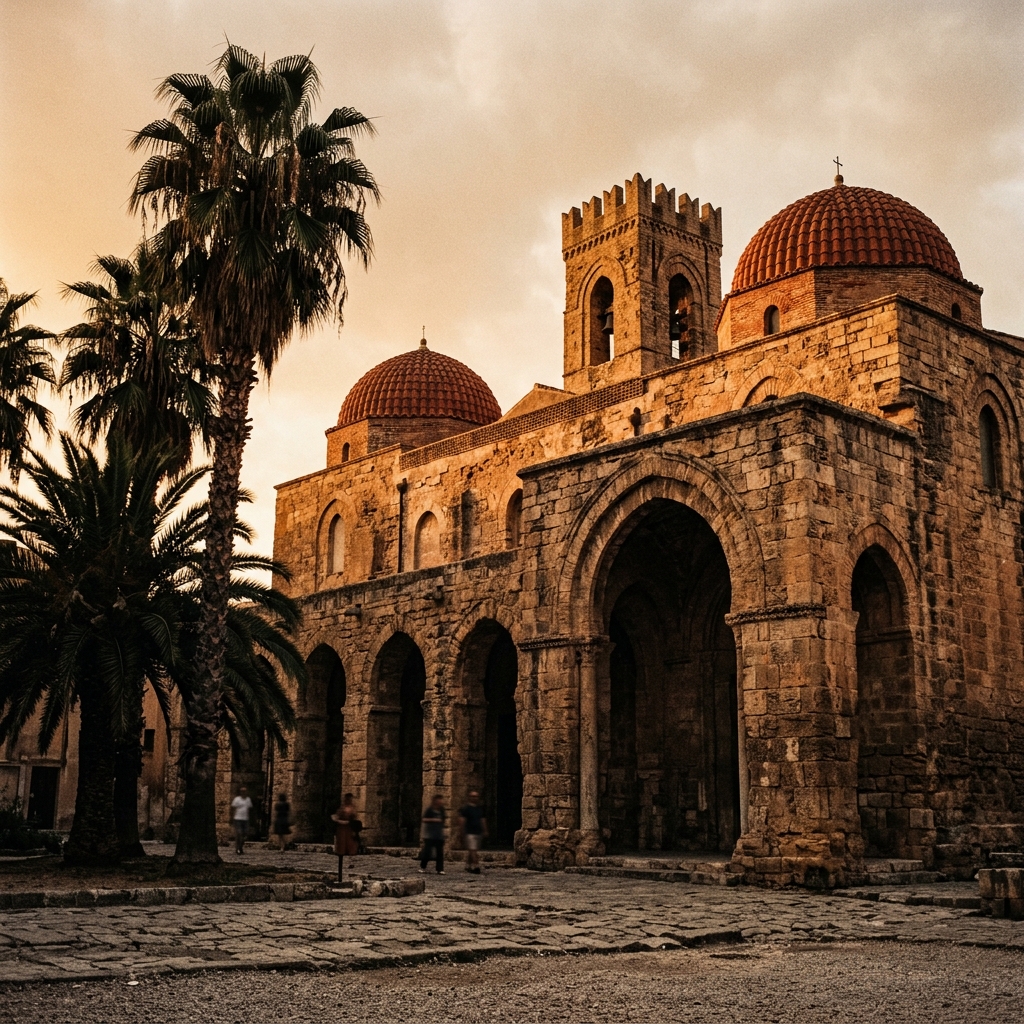 cosa fare a palermo - Esterno di una storica chiesa normanna con palme a Palermo