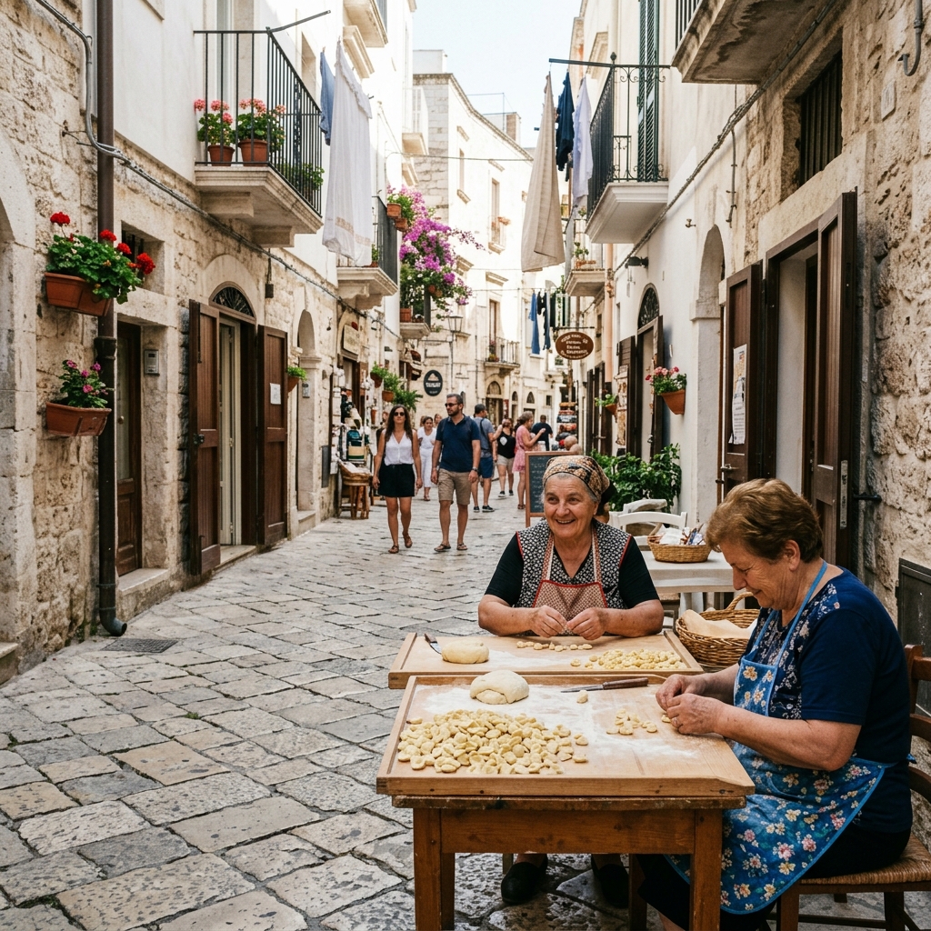 cosa vedere a bari - Le donne che preparano le orecchiette sui tavoli nei vicoli di Bari Vecchia