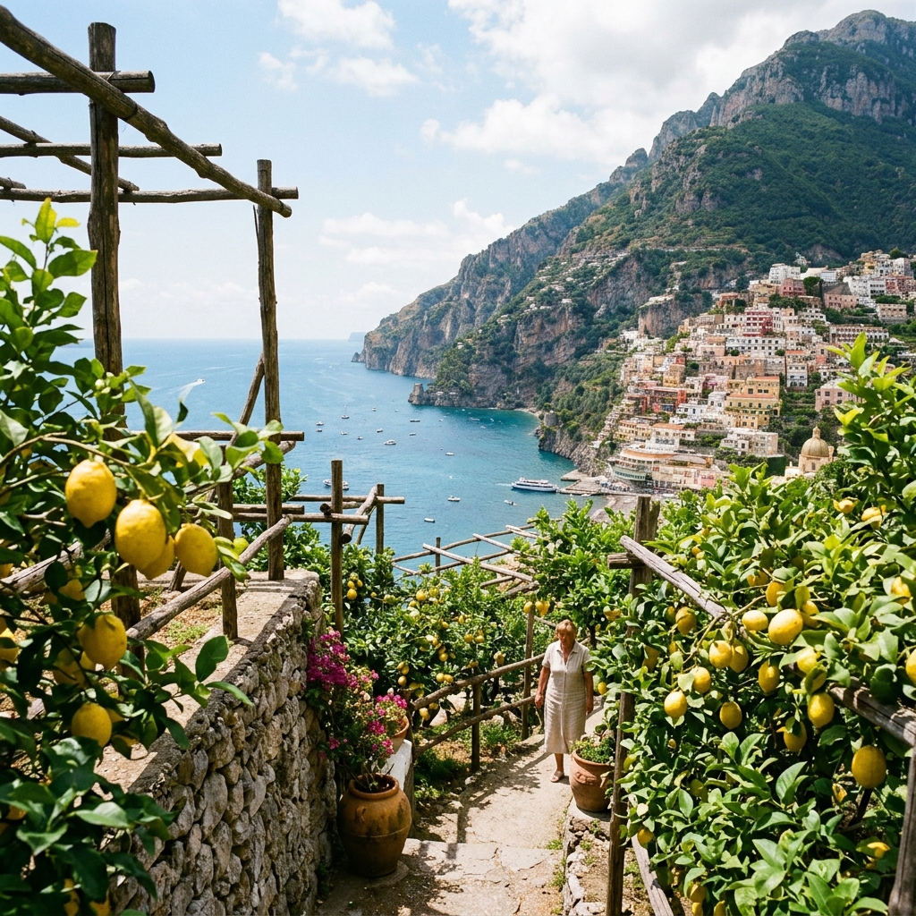 cosa vedere in costiera amalfitana - Un rigoglioso giardino di limoni gialli a picco sul mare in Costiera