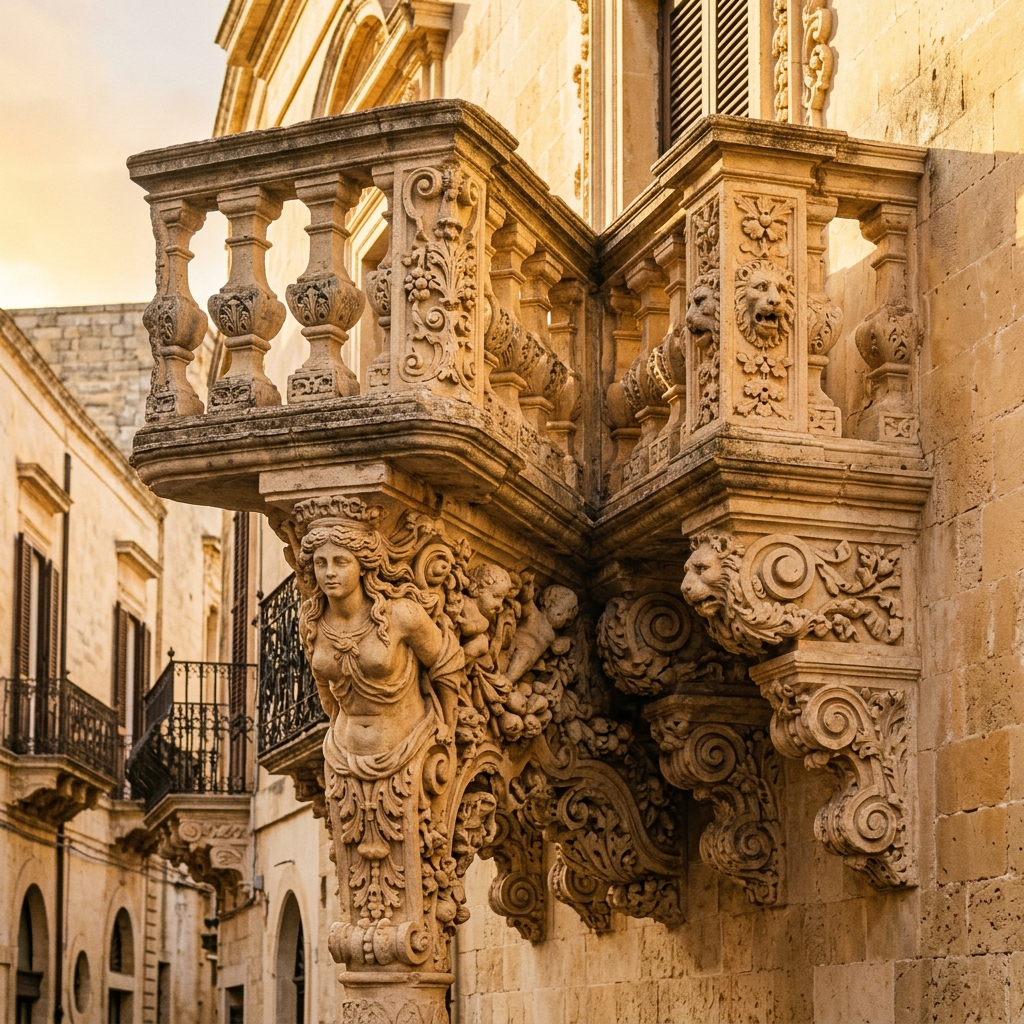 cosa vedere a lecce - Un balcone storico barocco riccamente scolpito in pietra leccese a Lecce