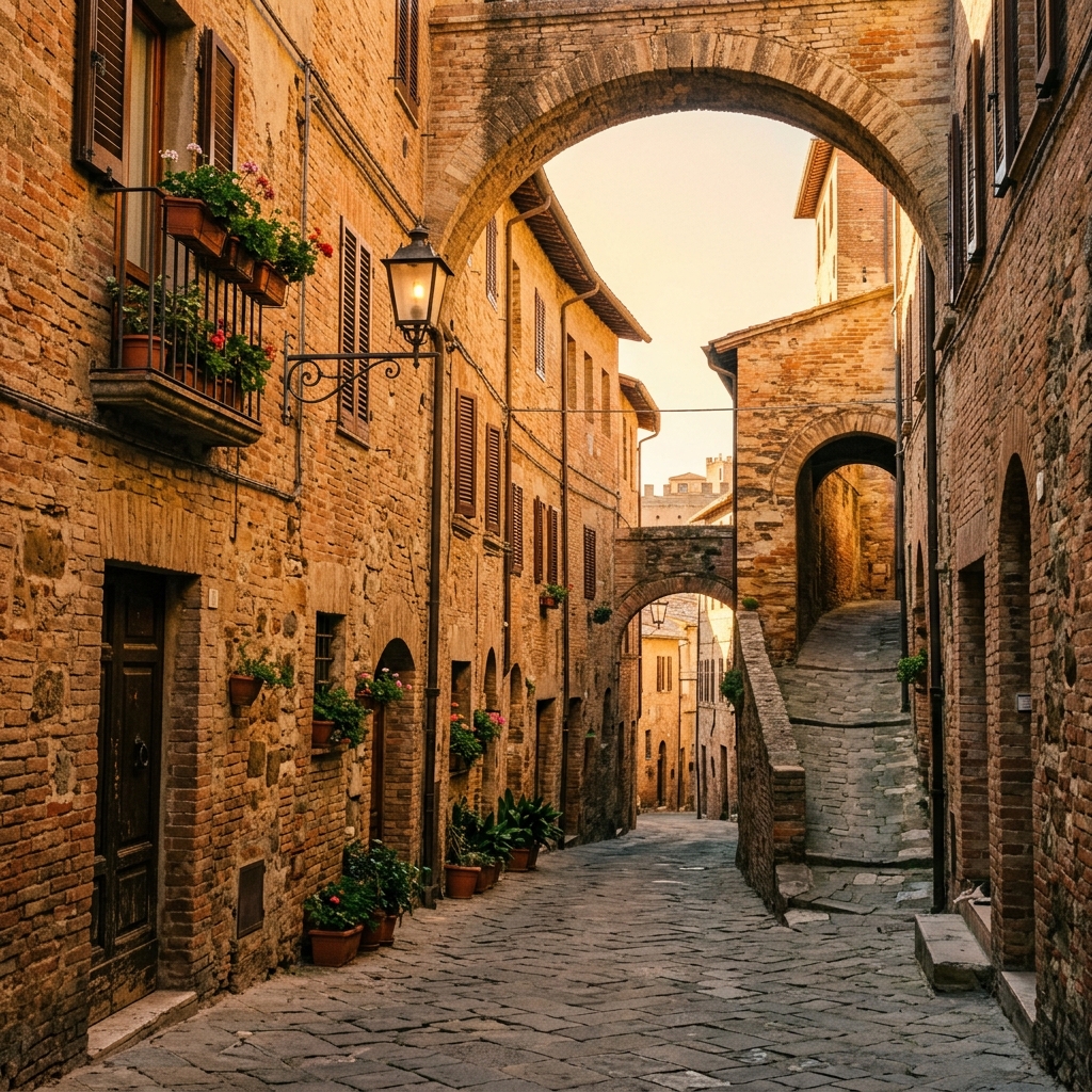 cosa vedere a siena in un giorno - Un vicolo medievale silenzioso in mattoni rossi a Siena