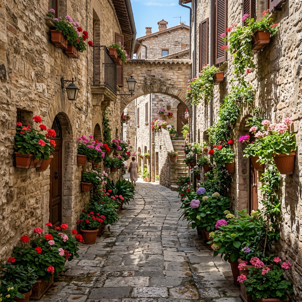cosa vedere ad assisi in un giorno - Un vicolo medievale in pietra rosa fiorito ad Assisi