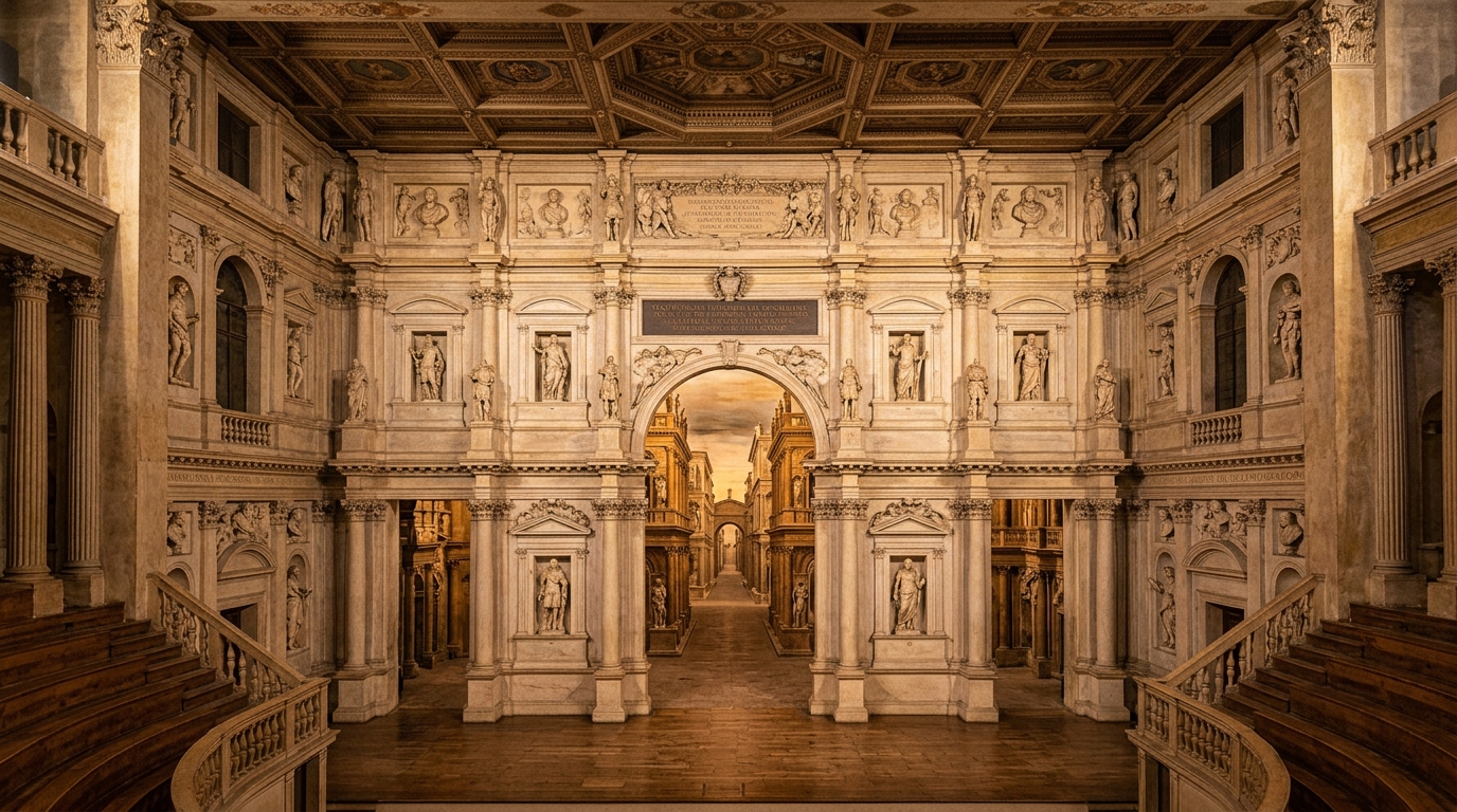 teatri storici fortezze italiane - La maestosa scenografia lignea prospettica del Teatro Olimpico