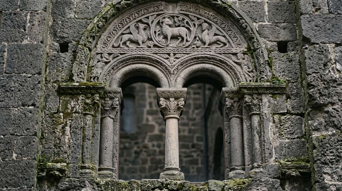 San Pellegrino a Viterbo - Dettaglio di bifora romanica e arco in peperino