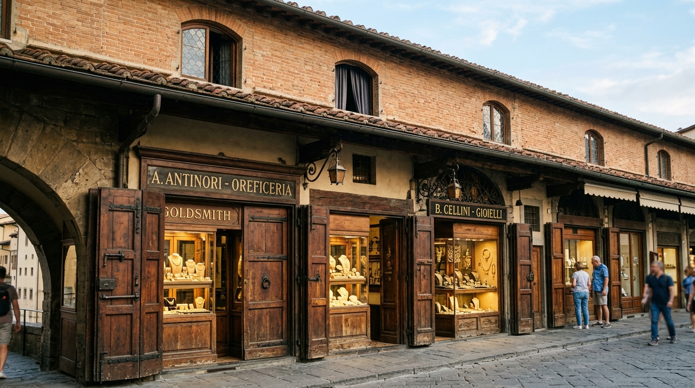 Ponte Vecchio a Firenze - Dettaglio delle botteghe orafe e del Corridoio Vasariano