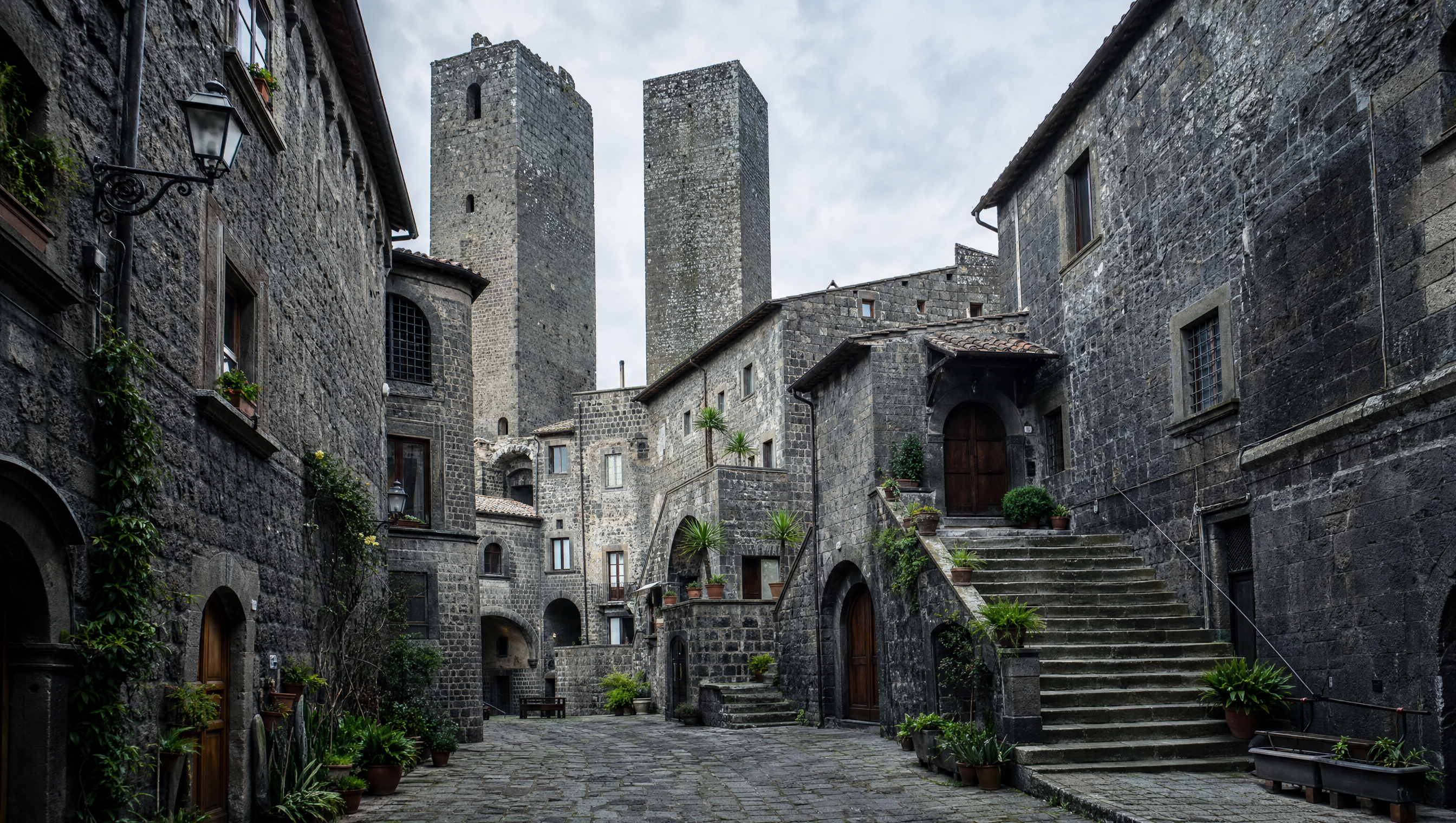 Viterbo nel peperino - Scorcio medievale e murature storiche in pietra vulcanica scura