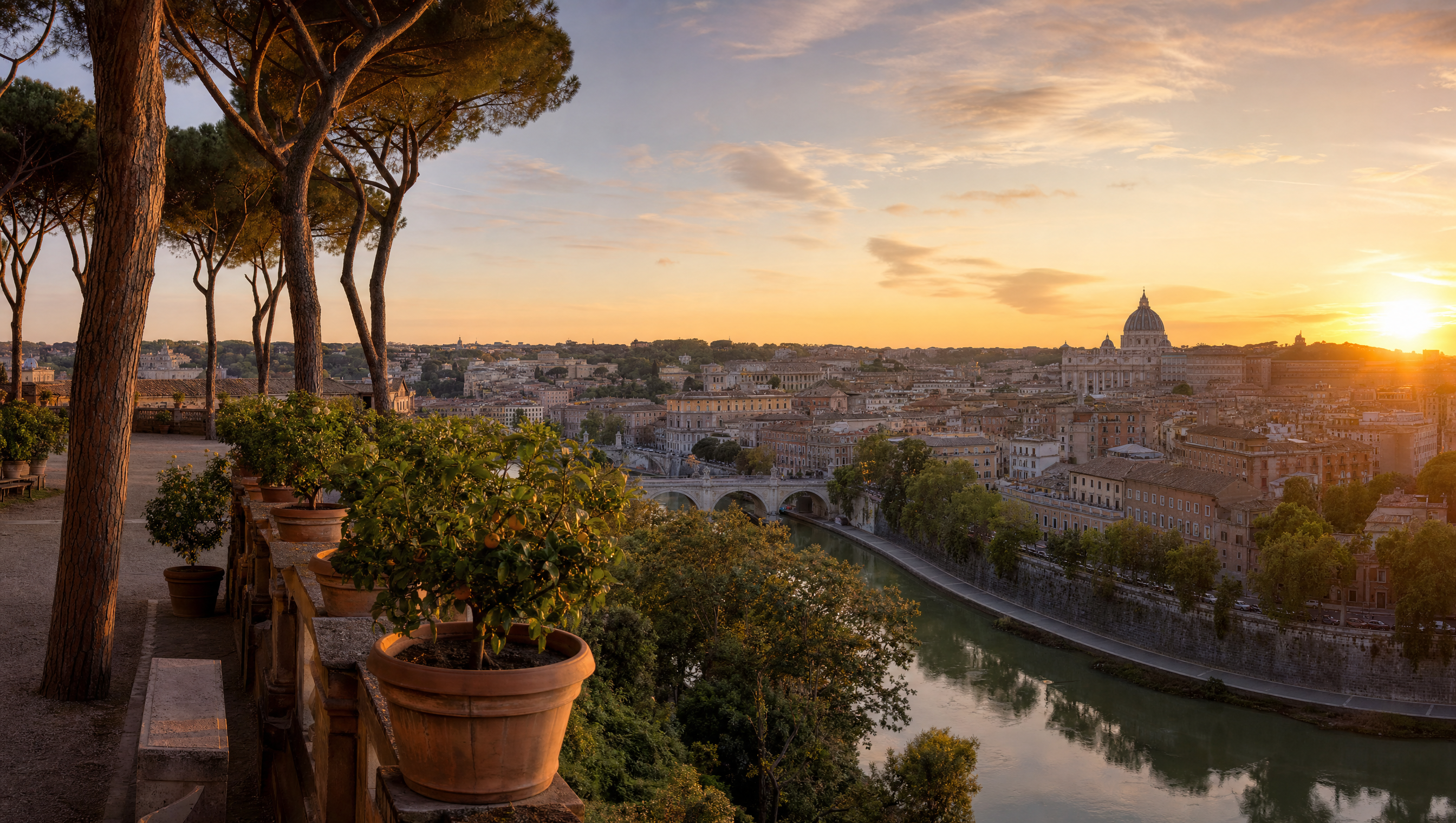 Roma dall'Aventino - Panorama sul Tevere dal Giardino degli Aranci al tramonto