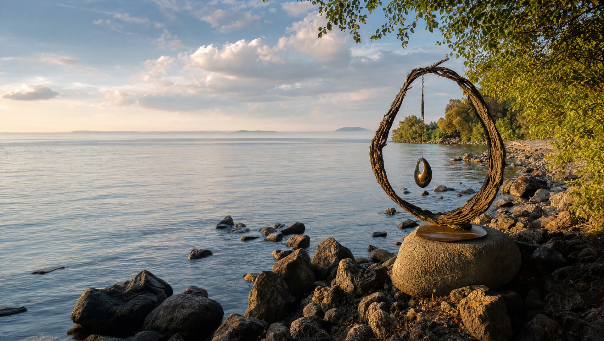 Installazione d'arte contemporanea sulle rive del lago vulcanico di Bolsena