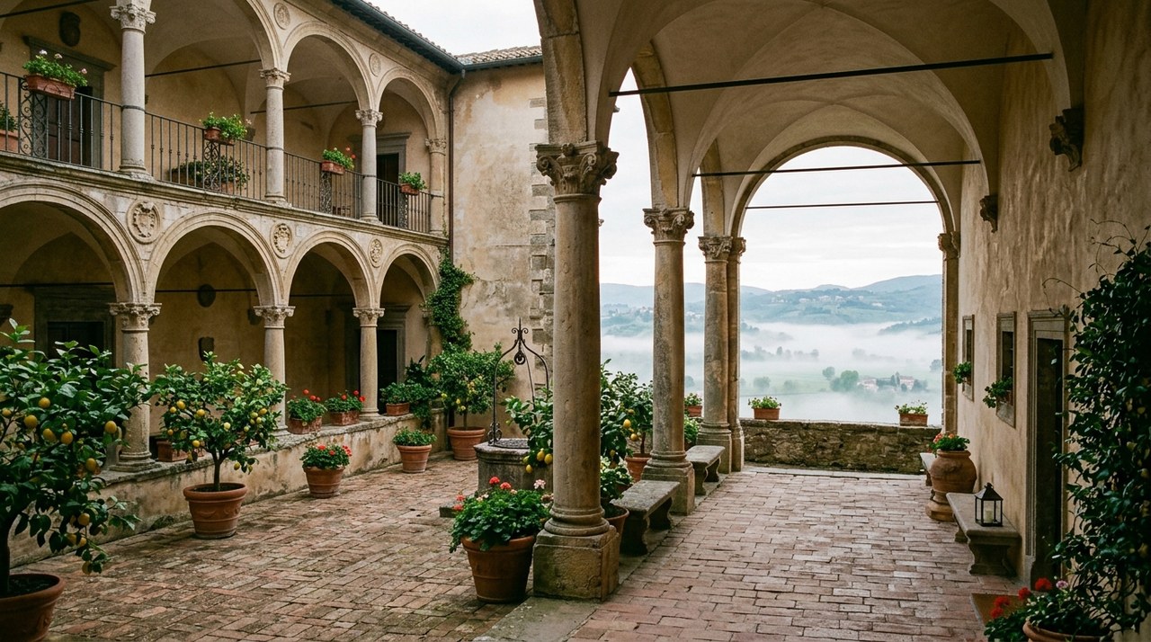 La loggia rinascimentale di Palazzo Orsini con vista sulla valle del Tevere